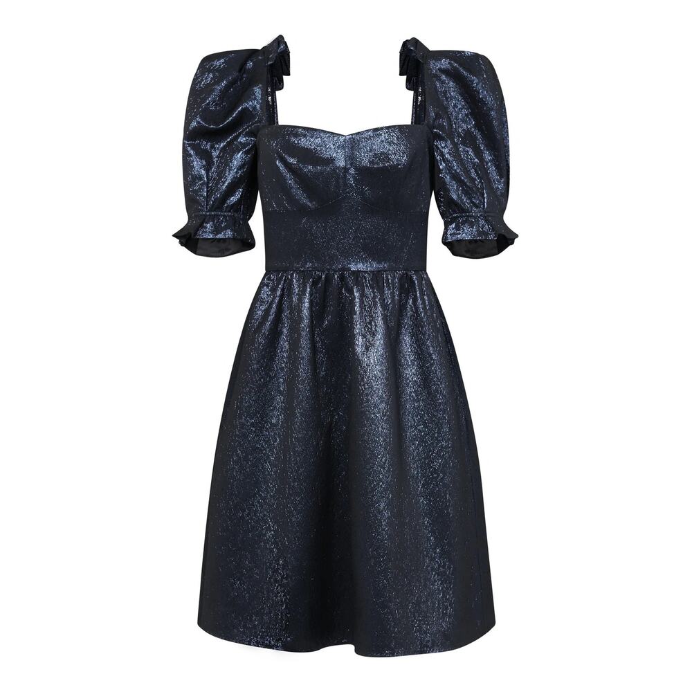 NWT Saloni Rachel D Knee Dress in Metallic Midnight Size 6 Metallic Puff‎ Sleeve
